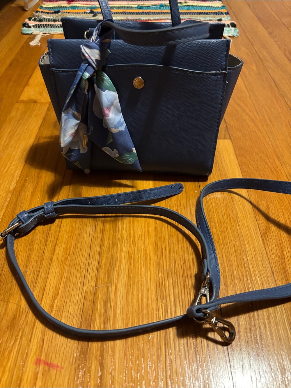 Steve Madden Navy Blue Structured Tote with Floral Scarf Accent